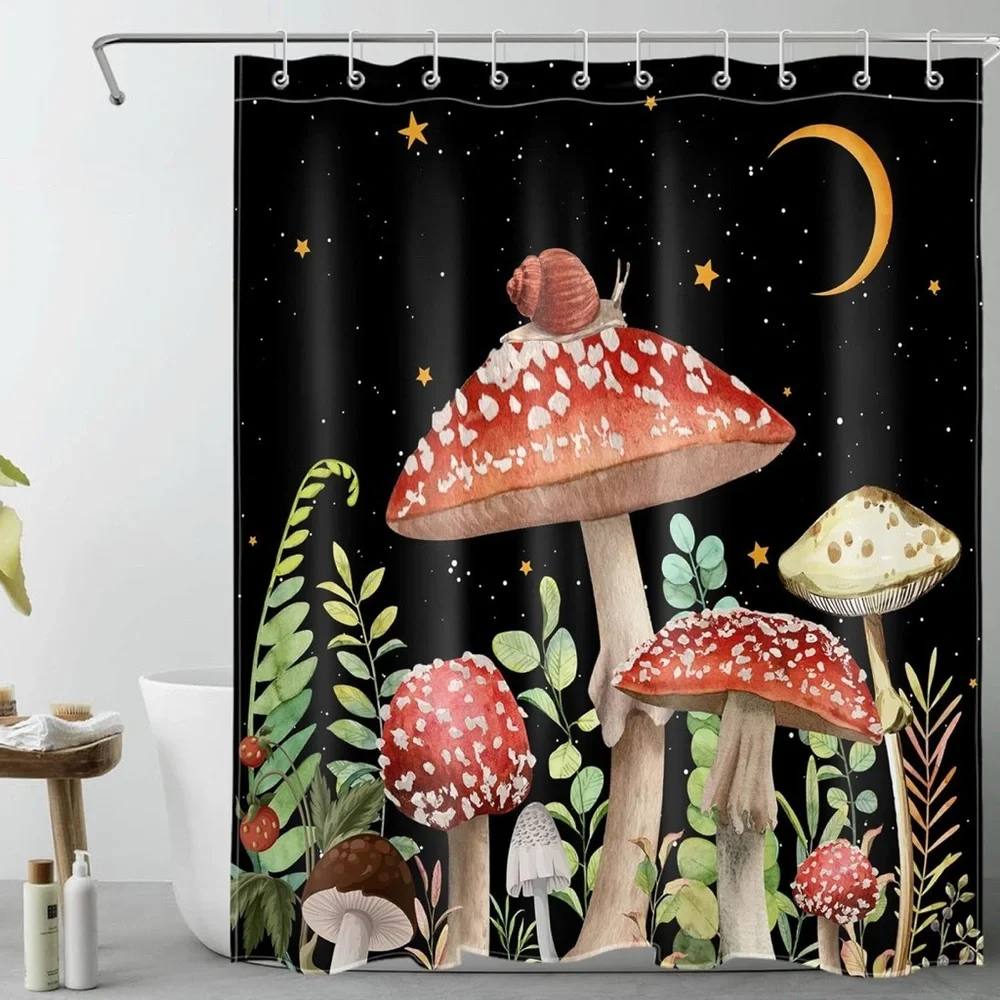 Mushroom Design Shower Curtain - Black and Red